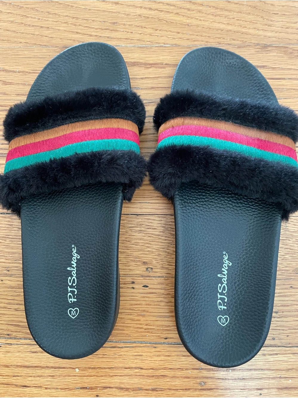 P.J. Salvage Black Faux-Fur Slide Sandals with Red Green Tan Stripes size 7